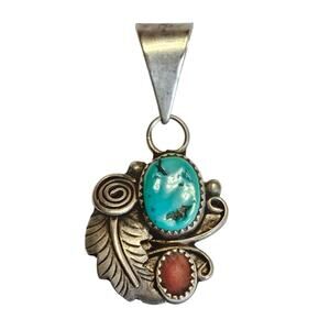 Vintage 1970s Navajo Turquoise and Coral Sterling Silver Pendant